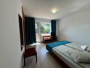 a bedroom with a bed and a chair and a window at Vila Ilinca in Agigea