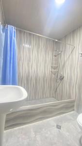 a bathroom with a shower and a sink and a tub at Panorama City Kutaisi in Kutaisi +23 photos