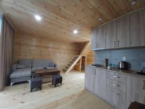 a kitchen and living room with a couch and a table at Close to the sky in Agara