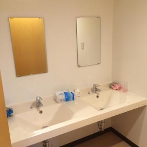 ein Badezimmer mit 2 Waschbecken und einem Spiegel in der Unterkunft Pension Ntsunaka in Miyako-jima