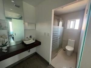 a bathroom with a sink and a toilet and a mirror at Casa Concept Delicias in Delicias +8 photos