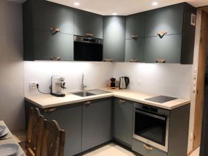 een keuken met zwarte kasten en een aanrecht bij Résidence Lauziere Dessus - La Lauzière Dessus 22 - Crève Coeur MAE-4544 in Valmorel