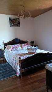 a bedroom with a bed and a chandelier at Casa Quintela in Ourense