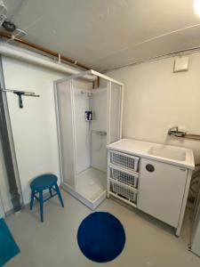 a bathroom with a shower and a sink and a stool at Solhyddan, tvårumslägenhet i villa nära havet in Båstad +9 photos