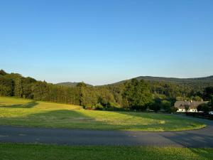 a road leading into a field with mountains in the background at Chalupa u Mráze in Chodská Lhota