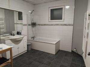 Couhé-VeracにあるGîte des Débatsの洗面台と浴槽と洗面台のあるバスルーム