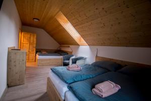 卢捷拿纳德德斯努Chalupa Rébus的一间卧室配有一张带蓝色床单的床和木制天花板 更多22张照片