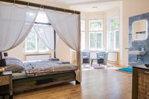 a bedroom with a bed in a room with windows at Ertlova Vila in Jablonec nad Nisou