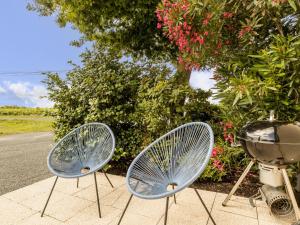 two blue chairs sitting on a sidewalk next to a grill at Gîte Authentique au Cœur des Vignes avec Terrasse Privative et Wifi, à 25 km de Nantes - FR-1-306-813 in Le Landreau +4 photos