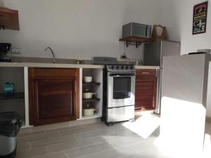 a kitchen with a stove and a sink in it at Apartamentos Villa Antonela in La Ceiba