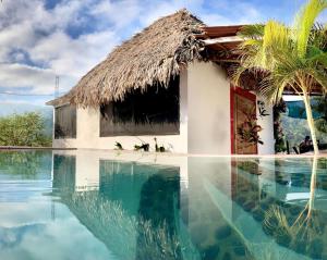 ein Haus mit Strohdach und Swimmingpool in der Unterkunft Hotel Marshell in Chimo