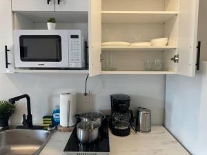 Una encimera de cocina con un microondas y un fregadero. en Cozy Motel Studio with kitchenette - 8, en Edmonton 8 fotos más