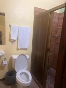 e bagno con servizi igienici, doccia e asciugamani. di Hotel Paris inn a Mazamitla