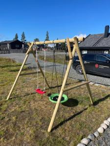 a swing set with two swings on the grass at Sanderstølen Hytte in Tisleidalen