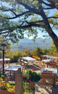 a group of tables and chairs under a tree at Agriturismo Roccamaia in Pievebovigliana