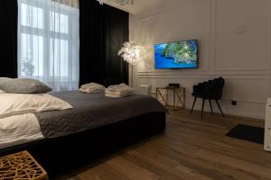 a bedroom with a bed and a flat screen tv on the wall at Apartament Shine Prywatne Jacuzzi Starowiślna Kraków in Kraków
