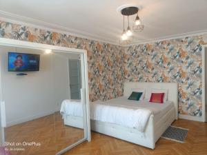 アンヌマスにあるGrande chambre d'hôte Lit king size - 3 mins Gare Annemasse - Genève accès directのベッドルーム1室(ベッド1台付)が備わります。壁に壁画が飾られています。