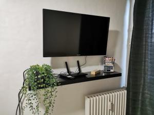 a flat screen tv on a wall with a plant at L'essentiel in Évreux