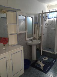 La salle de bains est pourvue d'un lavabo, d'un miroir et d'une douche. dans l'établissement Studio Manguillier, à Trou dʼ Eau Douce