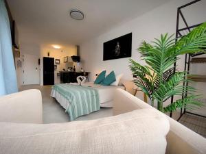 a bedroom with a bed and a living room at Bimba Studio Park in Santa Úrsula