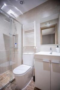 a bathroom with a toilet and a sink and a shower at Casa Rural Mario in Espeja