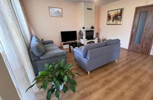 a living room with two couches and a tv at Къща Каменар in Pomorie