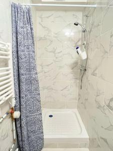 a bathroom with a shower with a blue shower curtain at 721 Appartement fonctionnel proche du métro ligne 9 in Bagnolet +7 photos