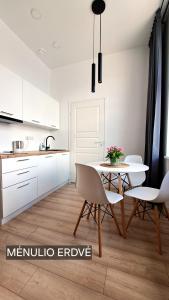 a kitchen and dining room with a table and chairs at Mano erdvės in Anykščiai