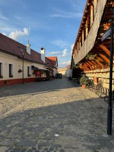 a cobblestone street in a town with buildings at Central Studio in Mediaş