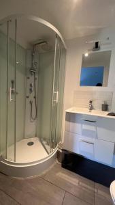 a bathroom with a shower and a sink at Studios modernes et chaleureux proche gare avec accès jardin in Châtellerault