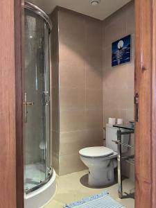a bathroom with a toilet and a glass shower at chez badr in Asilah