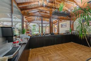 a restaurant with a bar with plants at Pensiunea Mirabilandia in Negreni