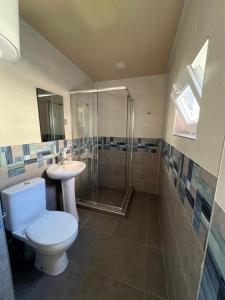 une salle de bain avec toilettes, lavabo et douche dans l'établissement La Montagna, à Gordi