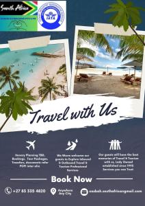a flyer for a travel with us book now at Western Cape South Africa in Cape Town +1 photo