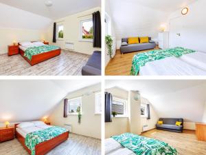 three pictures of a bedroom with two beds and a couch at Morska Kraina in Białogóra