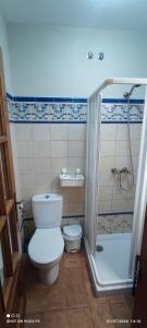 a small bathroom with a toilet and a shower at Mi Descanso in El Bosque