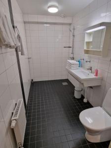 a bathroom with a toilet and a sink at Nr7 På Spåret in Norrköping