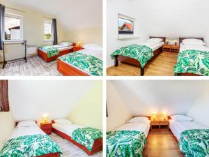 four pictures of a room with three beds in it at Morska Kraina in Białogóra +52 photos