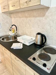 a kitchen counter with a stove and a sink at Montenegrina Apartment in Budva