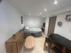 a living room with a bed and a table at Studio chez Mumu in Saint-Donat-sur-lʼHerbasse