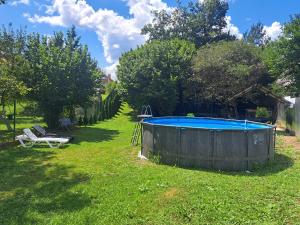 a backyard with a large wooden tub in the grass at Solomiia in Solochyn