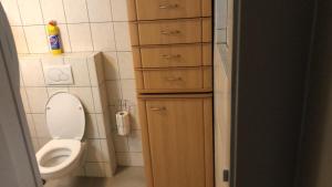 a small bathroom with a toilet and a sink at Huisje bij de Bronnen in Nutter