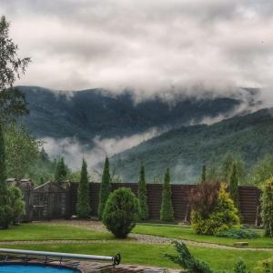 een huis met uitzicht op een berg bij Villa Familia in Jaremtsje