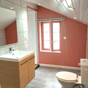 a bathroom with a toilet and a sink and a window at L'envol in Fumay +5 photos