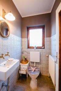 a bathroom with a toilet and a sink and a mirror at Bungalow mit Charme in Haid