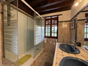 a bathroom with a glass shower and a sink at Aguerre in Lichos +19 photos