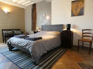 een slaapkamer met een bed met een tapijt en een stoel bij Le gite du barbe in Biaudos