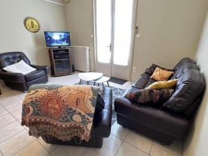 a living room with a leather couch and a tv at Les tilleuls in Soustons