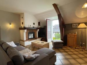 Lucq-de-BéarnにあるPetit gite lavieのソファと暖炉のあるリビングルーム