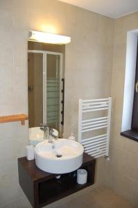 a bathroom with a white sink and a mirror at Pension Iara in Arieşeni